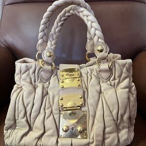 Miu Miu Matelasse Hand Bag Leather Beige Gold